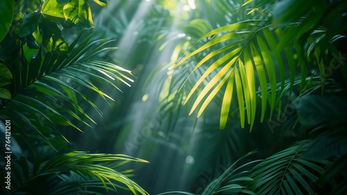 Lush greenery illuminated by sun rays filtering through jungle palms