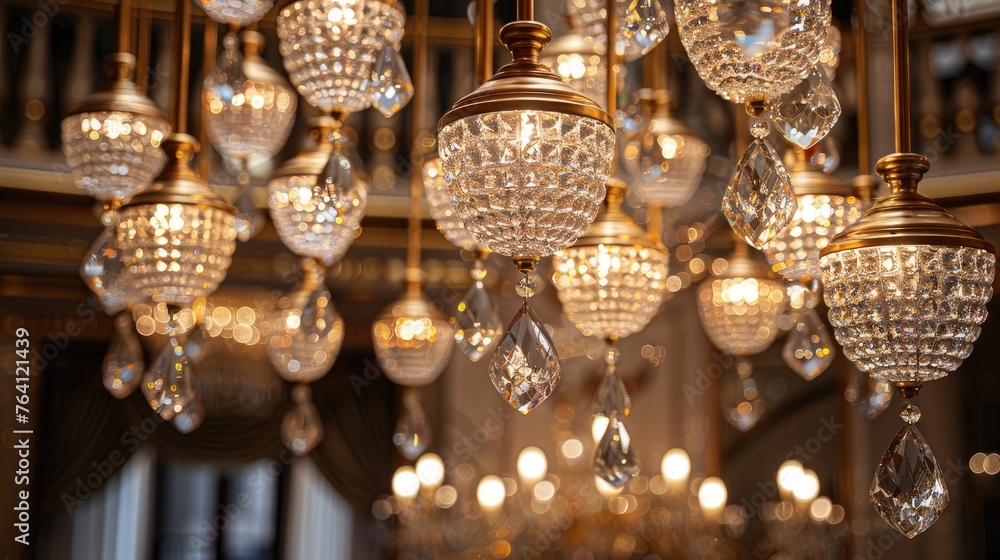 Elegant gold and crystal light fixtures in a boutique hotel lobby