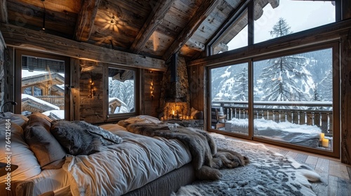Luxurious winter chalet with warm woods and fur accents
