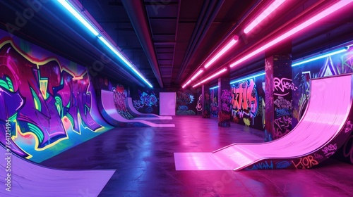 Neon skate park with vibrant ramps and graffiti walls