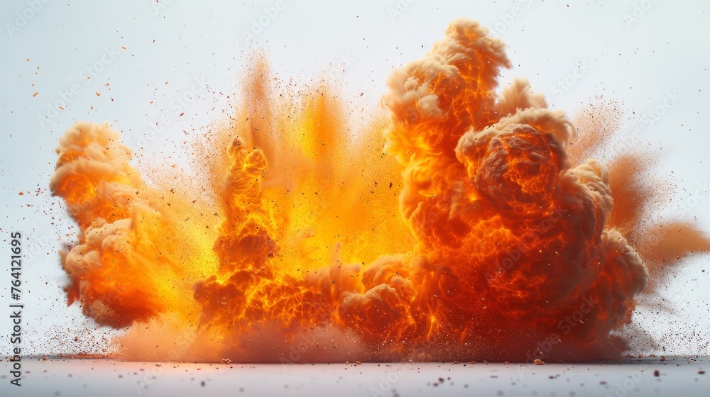 Fire explosion with sparks and smoke against white background - obrazy, fototapety, plakaty 