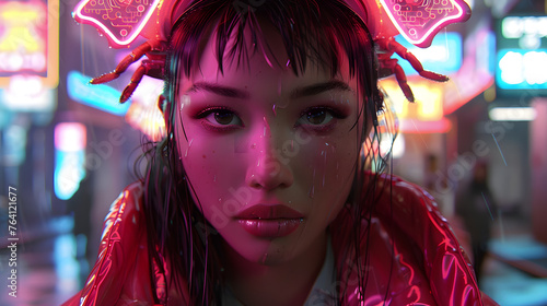 This unique artwork features a girl with neon lobster figures in a vibrant digital cityscape