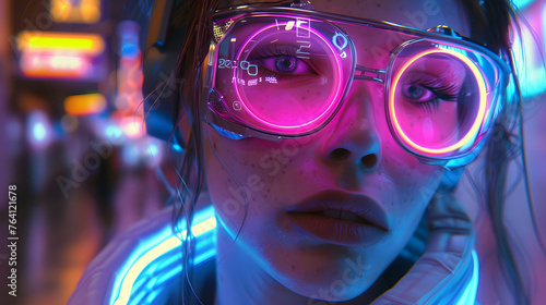 Long strands of hair catch the vivid reflections of neon lights in an intriguing display of night scene and style