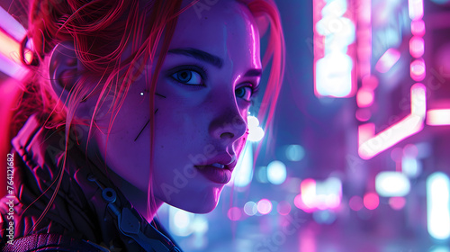 The city's energy is mirrored by windblown hair amidst the bright neon signs and lights of an urban nightscape