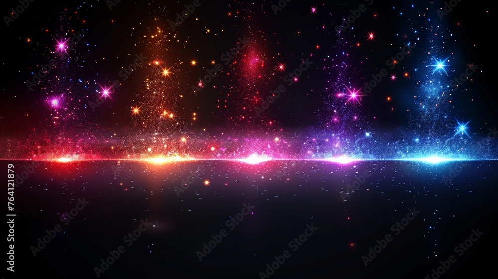 Realistic glare, neon highlights. Collection of bright lens flares. Lighting effects on a black background. Red and blue glitter shining stars, glowing sparks isolated on a black background. Modern