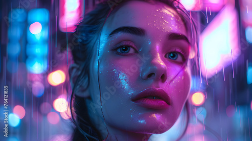 A visually striking digital portrait capturing a young woman's face, illuminated by vivid neon lights and raindrops