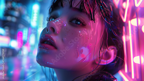 Image focuses on the luminescent neon lights with blurred cables in the foreground creating an abstract technology concept