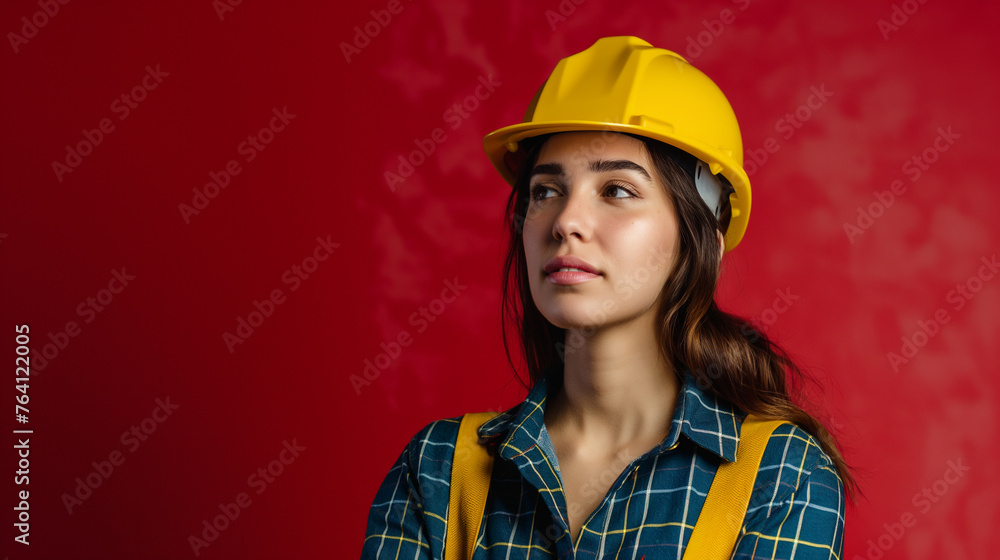 full length Portrait of woman worker with yellow helmet on red color background professional photography. full length Portrait of woman worker with yellow helmet on red color background professional photography.