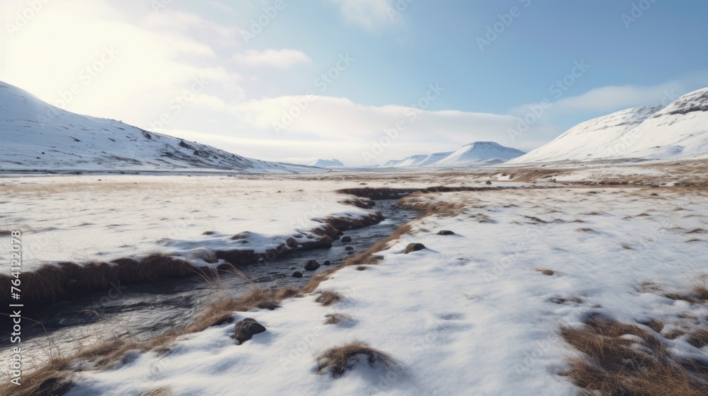 Icelandic snow field full of rocks with stormy sky