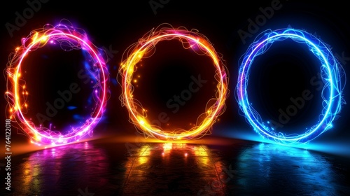A set of round neon color circles with wavy dynamic lines isolated on black background. This could be used for badges, prices, labels, or any other purpose.