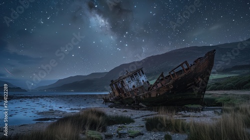 Shipwreck. Night starry sky. The ship is washed ashore.