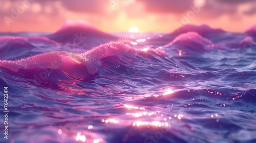 The image is of a body of water with pink waves