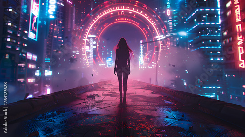 A solitary woman's silhouette walks towards a giant bright portal in a futuristic, cyberpunk influenced cityscape