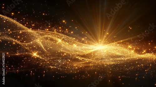 A bright golden light burst modern illustration isolated on a dark background. Shiny bright gold light star.