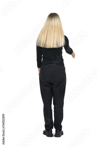 back view woman shaking hands with imaginary person on white background