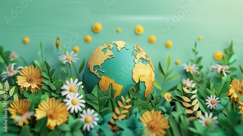 Illustration of a gold and green Earth globe surrounded by a variety of colorful flowers on a green background, symbolizing nature and eco-friendly concepts