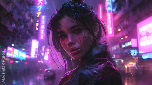 Striking portrait of a woman set against a brilliantly luminous neon cityscape that creates an enticing cyber night atmosphere