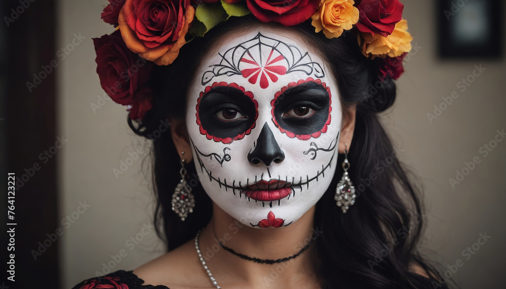 Photo Of Dia De Los Muertos Woman With Sugar Skull Makeup