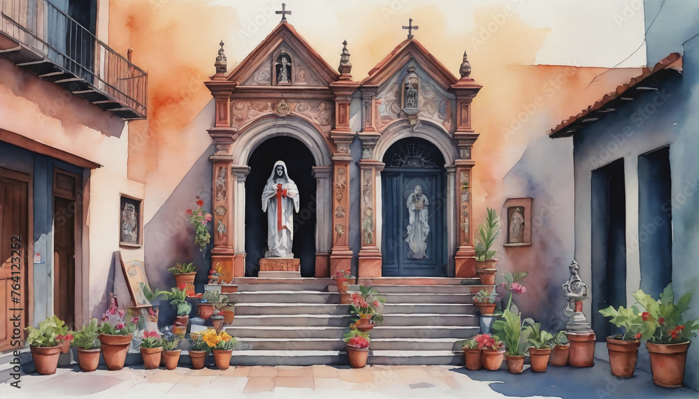 Watercolor Illustration Of La Santa Muerte Altar In Mexican City Street