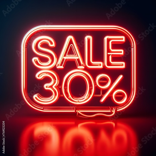 Promotional sign, text SALE 30 %, red, black background attracts attention.