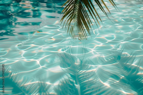 Palm Leaf Above blue crystal clear swimming pool water. © Generative ART