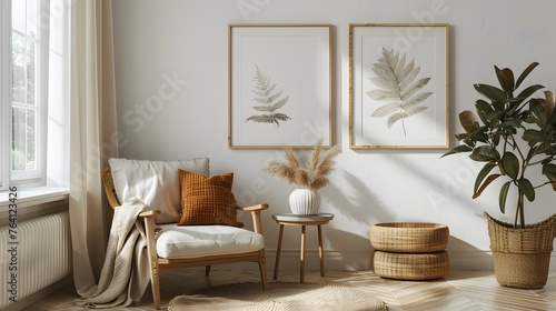 In a serene and minimalist corner, a comfortable chair is complemented by plant and neutral-toned decor, all set against the backdrop of a bright window.