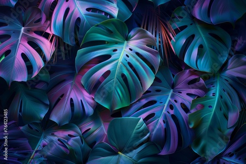 This image captures the mysterious beauty of monstera leaves bathed in colorful light creating an ethereal effect