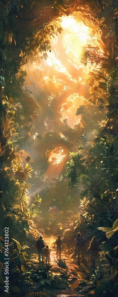 A group of explorers cautiously step through a portal, entering a parallel universe filled with lush, alien flora Painting style, with golden hour lighting enhancing the exotic landscape