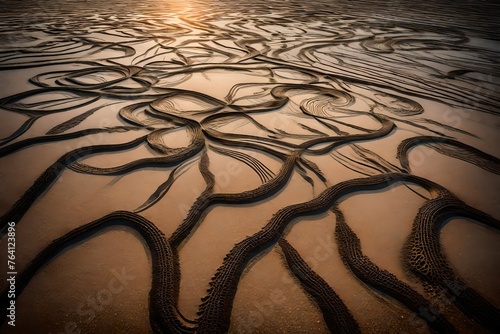 A network of intricate tide lines etched into the sand, resembling delicate lacework crafted by the ebb and flow of the tide. photo