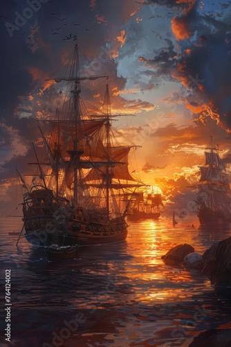 Sunset at a Caribbean harbor, vintage pirate ships anchored, as the night falls