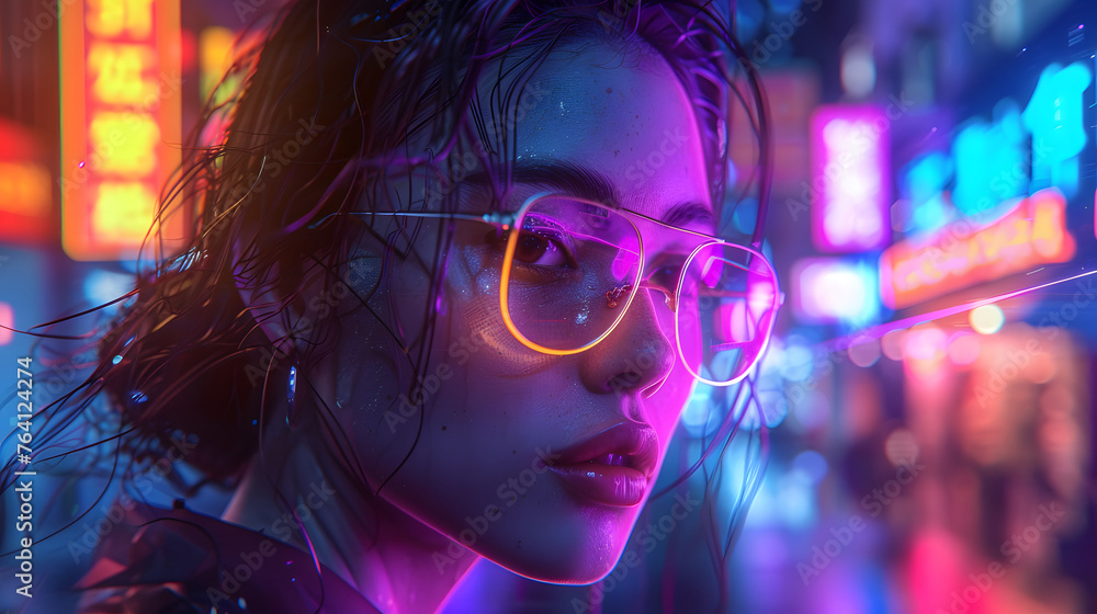 With a strong focus on lighting and an obscured face, this image portrays the atmosphere of a neon urban environment