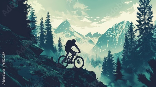 Cyclist conquering rocky path, framed by majestic pines and mountain silhouettes