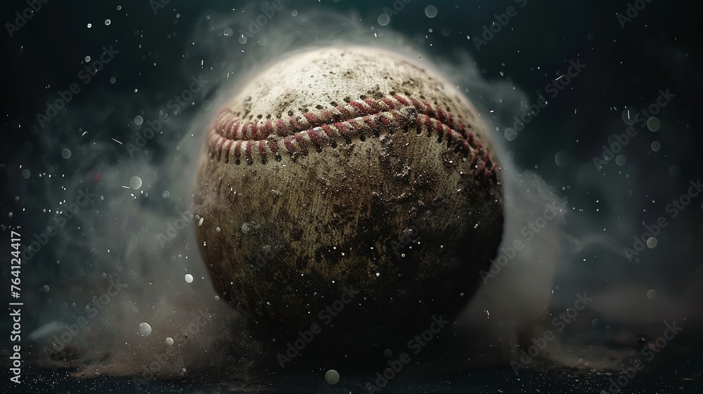 Mystique of a weathered baseball, frozen in time with a magical dust sparkle