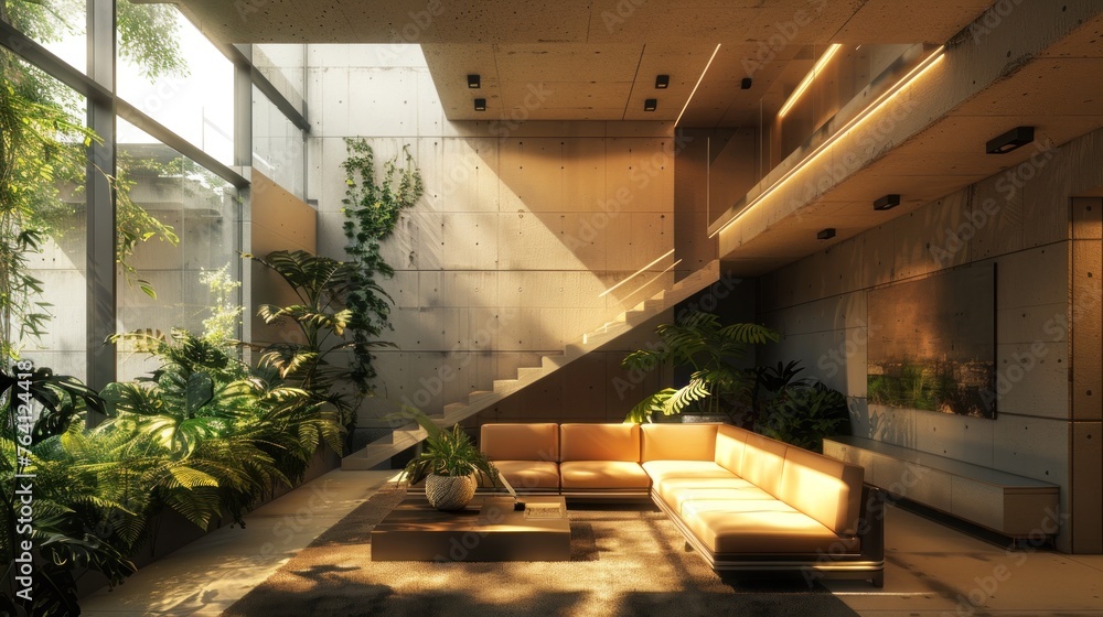 Fototapeta premium The interior of a modern home with minimalist design, contemporary furniture, and lighting.
