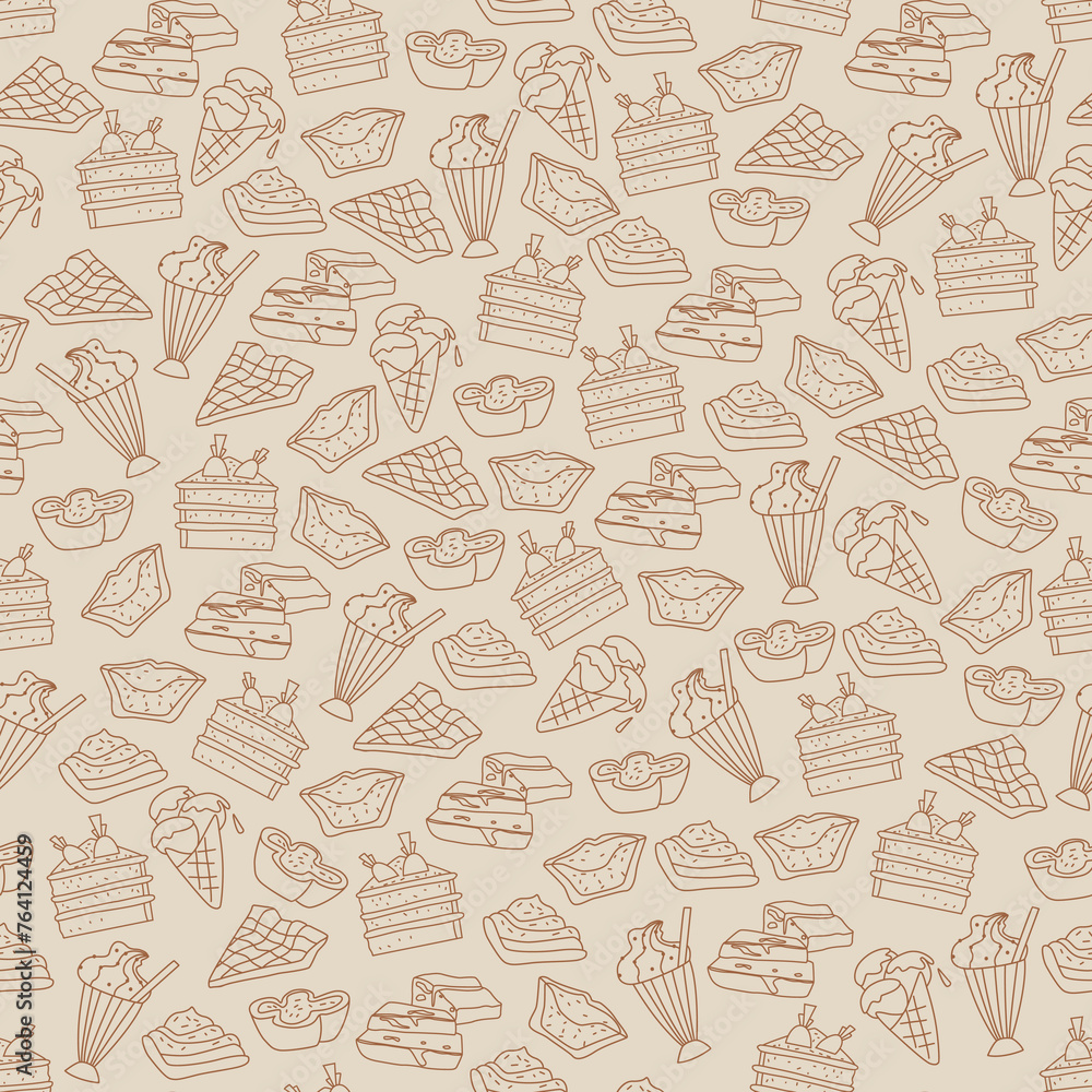 Seamless pattern with cute sweet desserts in outline. Vector hand drawn printable design for textile, paper, package, wrapping
Seamless pattern with cute sweet desserts in outline. Vector hand drawn printable design for textile, paper, package, wrapping