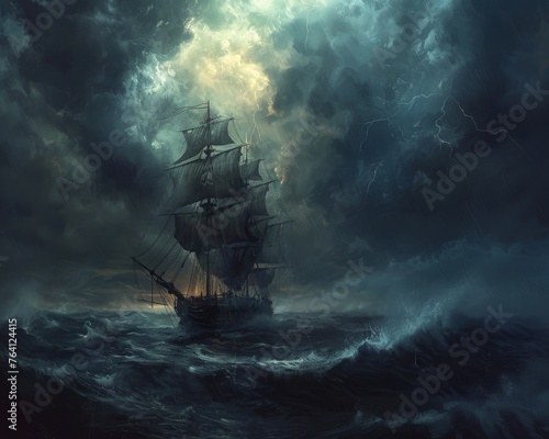 A stormy sea with a pirate ship, black sails unfurling against the thunderous sky