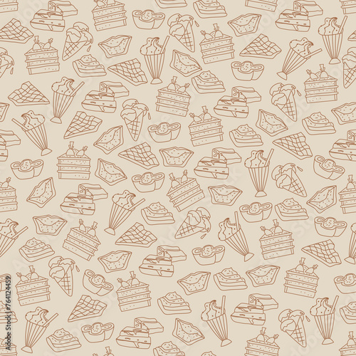 Seamless pattern with cute sweet desserts in outline. Vector hand drawn printable design for textile, paper, package, wrapping 