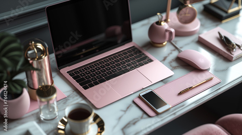 home office set, laptop and keyboard in pink color, ai