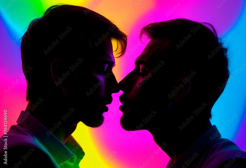 Two men interracial kissing silhouette neon rainbow background pride gay poster copyspace