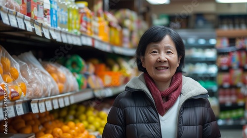 Portrait of smiling friendly employee worker in a grocery store. © Joyce