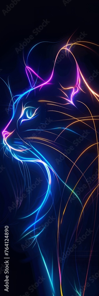 Fototapeta premium Linework Illustration Blue Neon Cat with Streamlines moving fast Datastreams created with Generative AI Technology