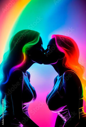 Two girls interracial kissing silhouette rainbow neon background pride gay lesbian