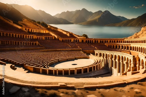 A historic amphitheater bathed in the golden light of a sunset, with a backdrop of distant mountains.
