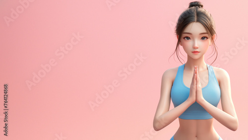 An animated fitness model in a blue sports bra demonstrates a prayer pose on a pink background