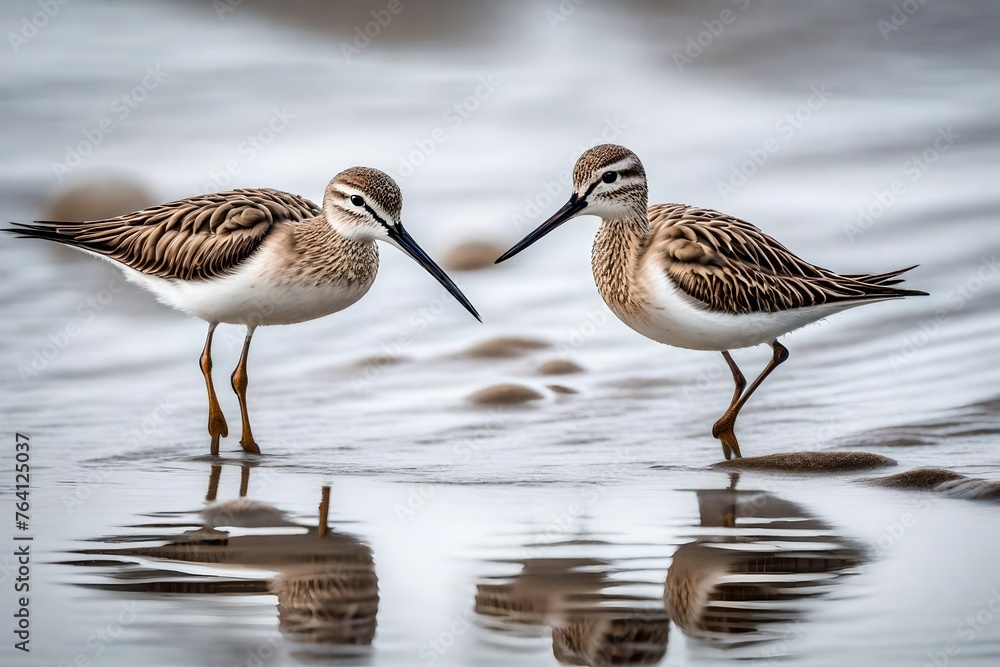 A pair of sandpipers darting along the water's edge, their quick movements leaving fleeting imprints in the damp sand. A pair of sandpipers darting along the water's edge, their quick movements leaving fleeting imprints in the damp sand.