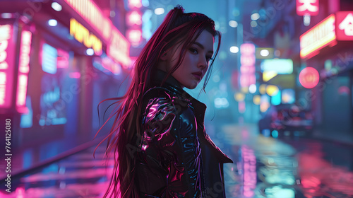 An image showcasing a fashion-forward woman amidst a neon-soaked cityscape at night