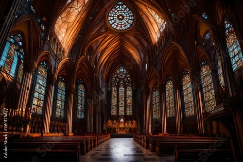 A grand cathedral illuminated by the soft glow of dawn, its intricate stained glass windows aglow.