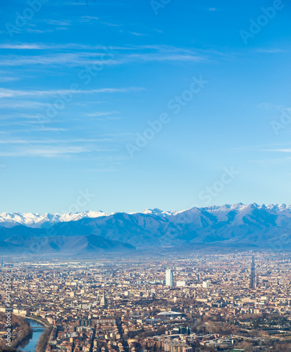 Turin, Italy - panoramic view with Alps and blue sky