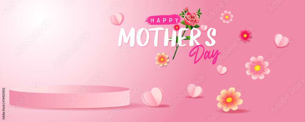 Happy Mothers day promotion banner for product demonstration. Empty podium for beauty or fashion product from Mother's Day promotion. Vector illustration