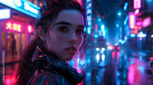 Digital art captures a young woman looking back in a rainy, neon-lit cyberpunk cityscape